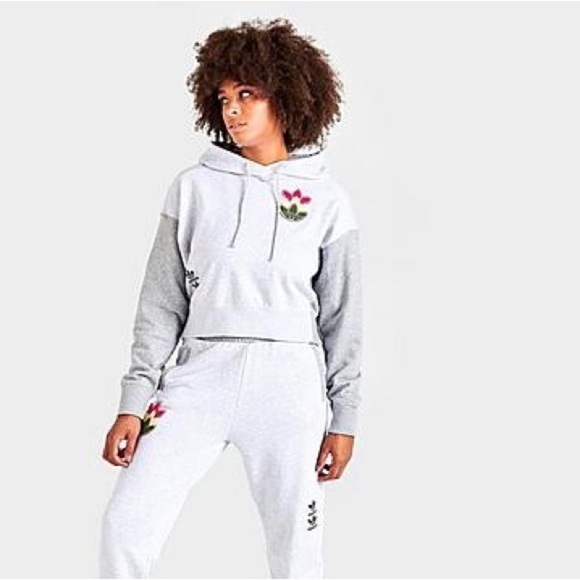 Adidas Grey Logo Play Cropped Hoodie Size L - Picture 4 of 10